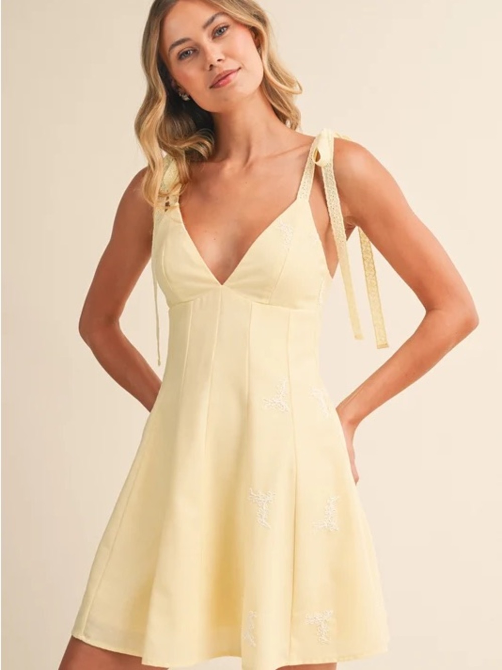Yellow Tie-Shoulder Mini Dress with V-Neck